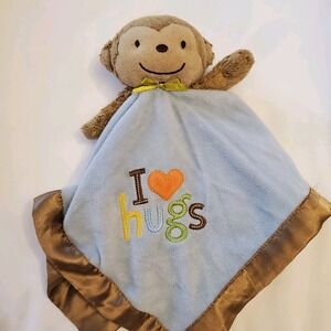 Carters I‎ Love Hugs Monkey Lovey Rattle Security Blanket Satin Brown Blue 14"